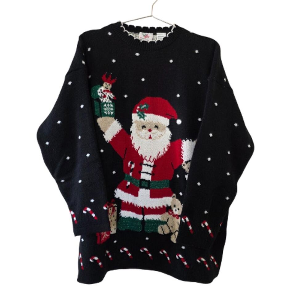 NutCracker Vintage Santa Christmas Sweater Black Holiday Pullover Women Sz L USA